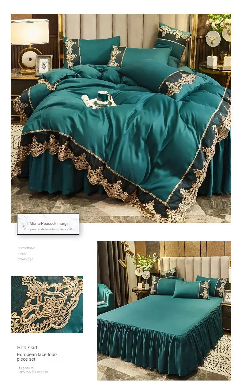 Falda de cama con borde de encaje, juego de cuatro piezas mate, 1,5 m y 1,8 m, versión engrosada de estilo europeo