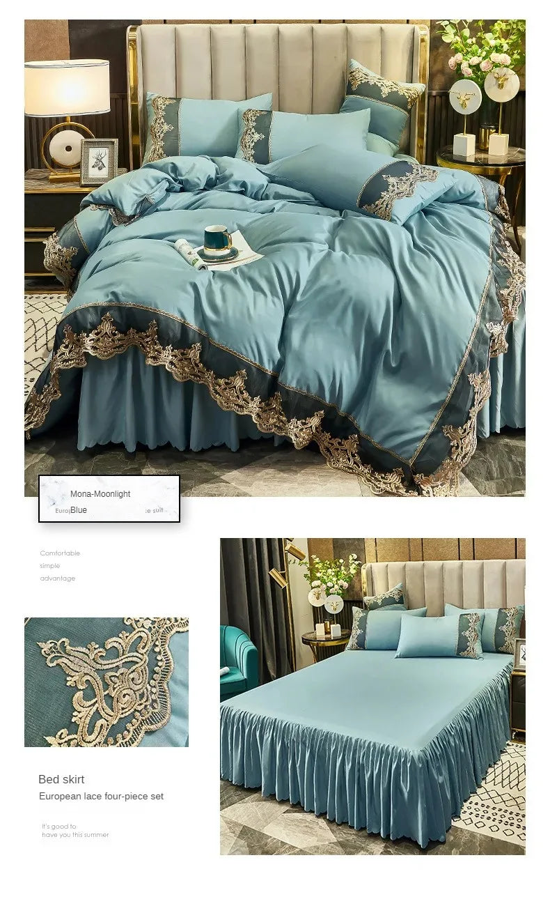 Falda de cama con borde de encaje, juego de cuatro piezas mate, 1,5 m y 1,8 m, versión engrosada de estilo europeo