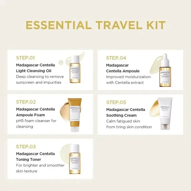 SKIN1004 Madagascar Centella Travel Kit, Toner, Ampoule, Soothing Cream, Cleansing Oil, Ampoule Foam,  Mini 5pcs
