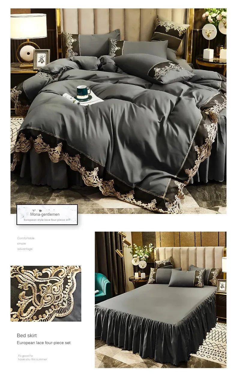 Falda de cama con borde de encaje, juego de cuatro piezas mate, 1,5 m y 1,8 m, versión engrosada de estilo europeo