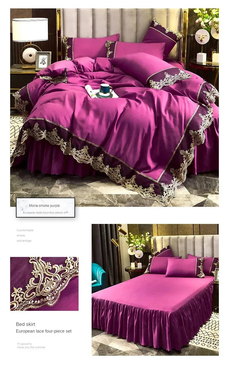 Falda de cama con borde de encaje, juego de cuatro piezas mate, 1,5 m y 1,8 m, versión engrosada de estilo europeo
