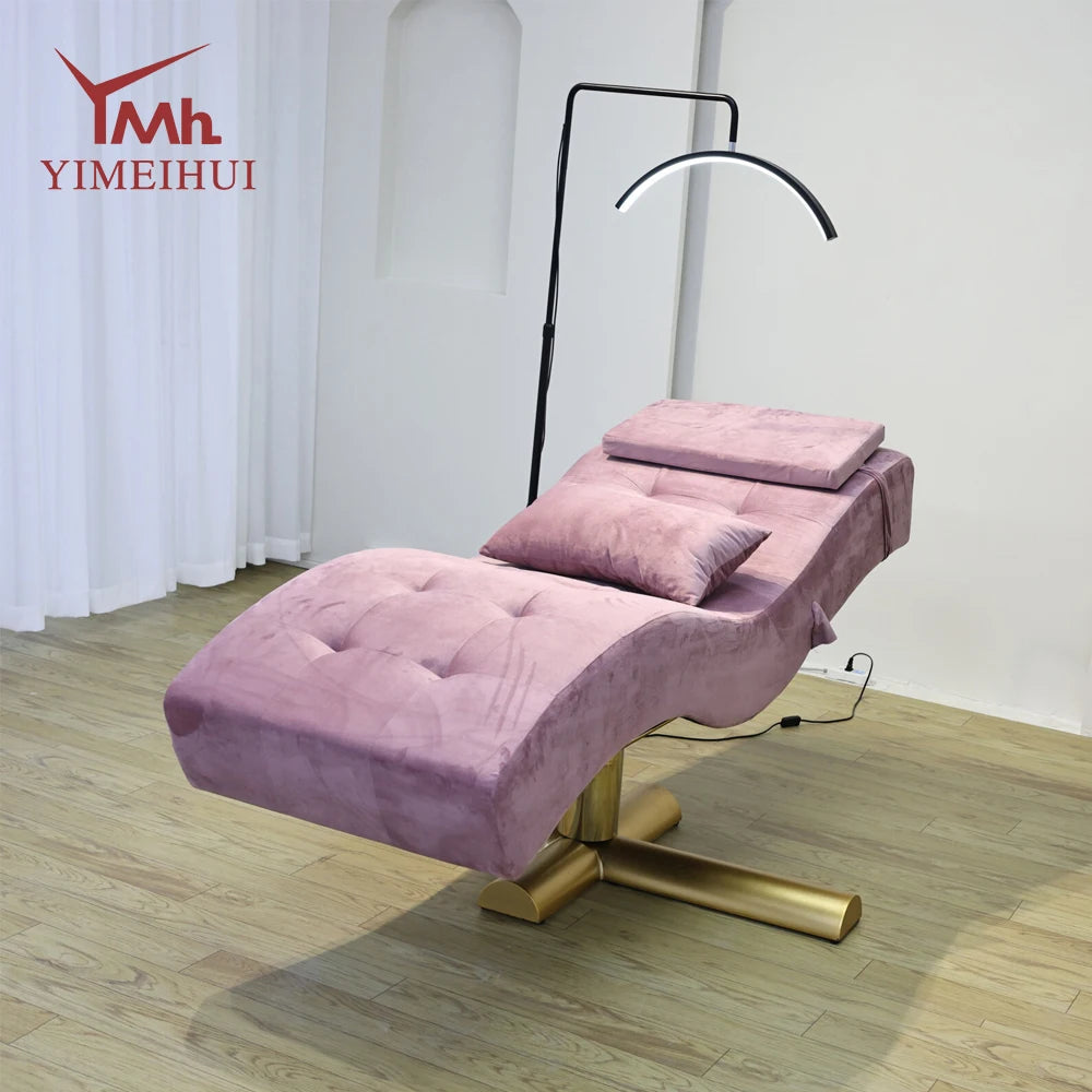 Cama eléctrica para salón de belleza, silla facial con elevación ajustable de terciopelo, de cuero sintético rosa y pestañas postizas.