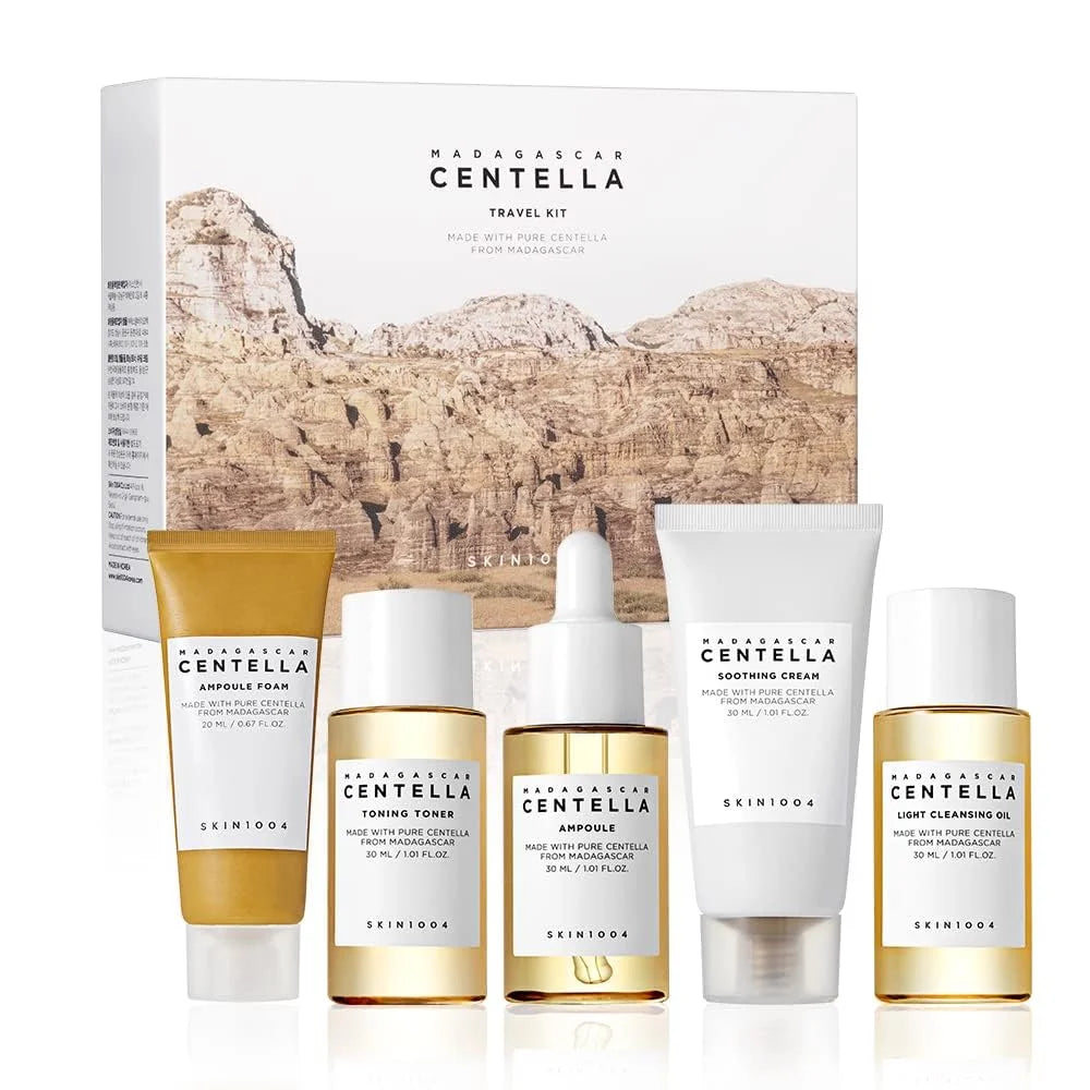 SKIN1004 Madagascar Centella Travel Kit, Toner, Ampoule, Soothing Cream, Cleansing Oil, Ampoule Foam,  Mini 5pcs