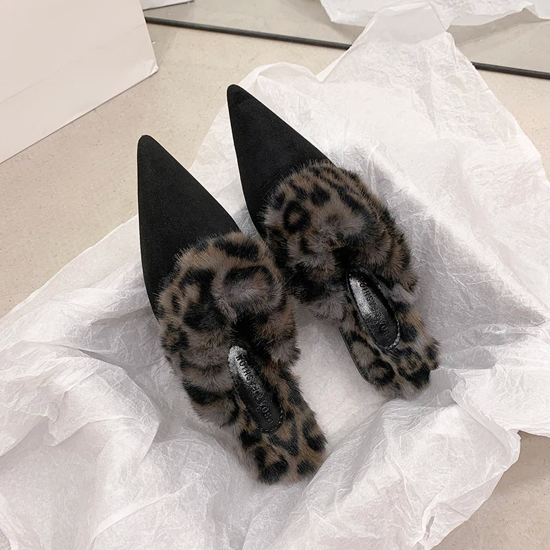 Baotou - Zapatillas de felpa con punta puntiaguda y tacón alto para mujer, otoño 2025, nuevas y poco profundas