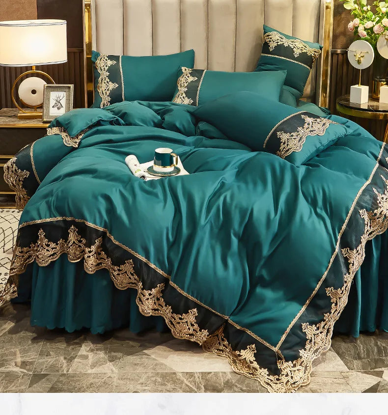 Falda de cama con borde de encaje, juego de cuatro piezas mate, 1,5 m y 1,8 m, versión engrosada de estilo europeo