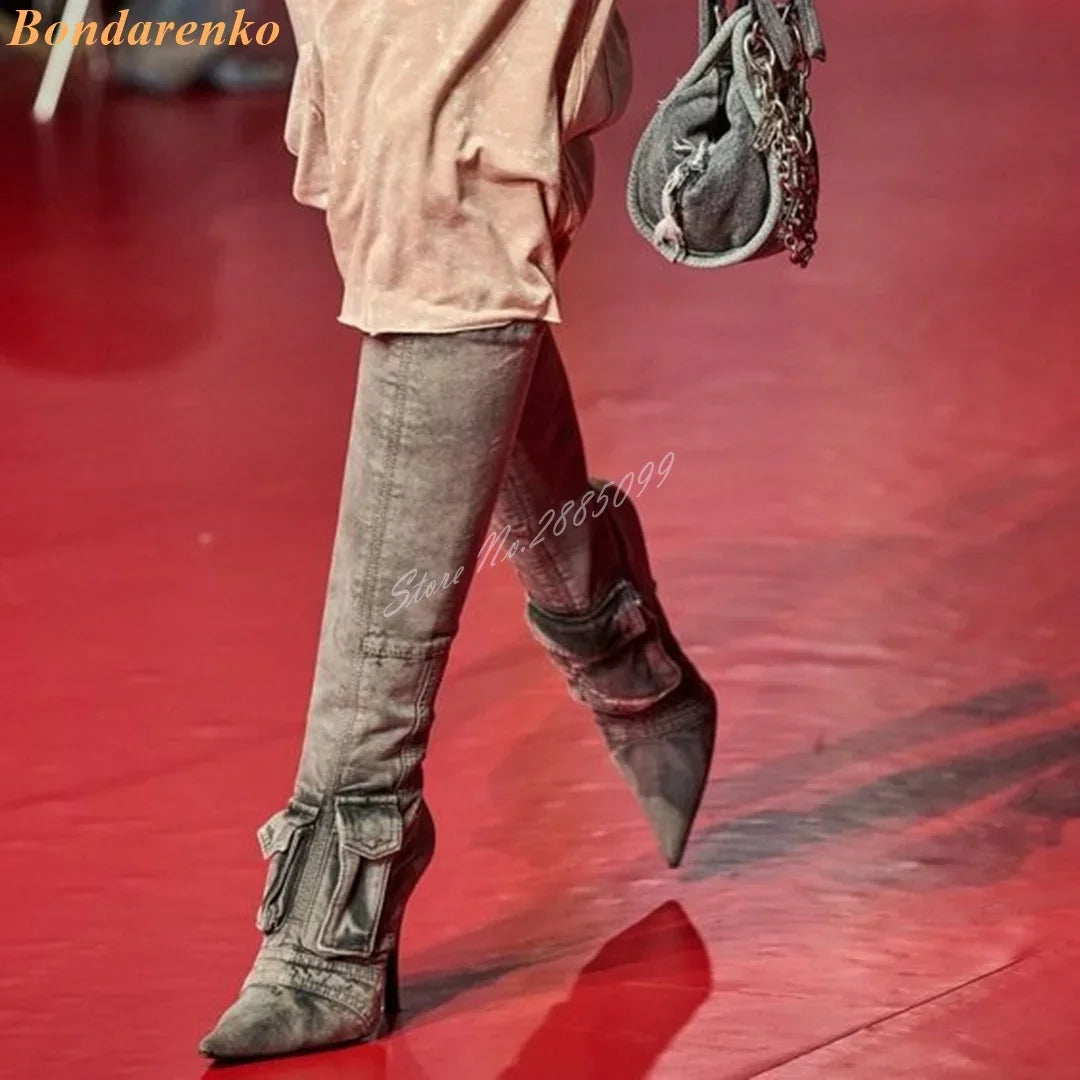 Bottes à Talons Hauts en Denim