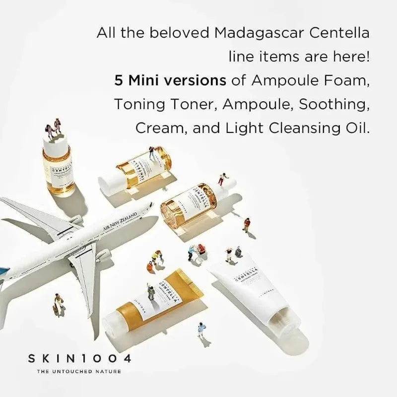 SKIN1004 Madagascar Centella Travel Kit, Toner, Ampoule, Soothing Cream, Cleansing Oil, Ampoule Foam,  Mini 5pcs