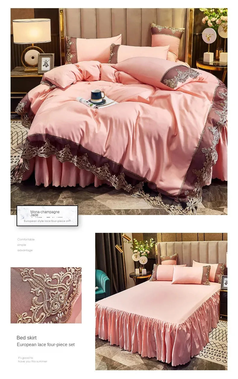 Falda de cama con borde de encaje, juego de cuatro piezas mate, 1,5 m y 1,8 m, versión engrosada de estilo europeo