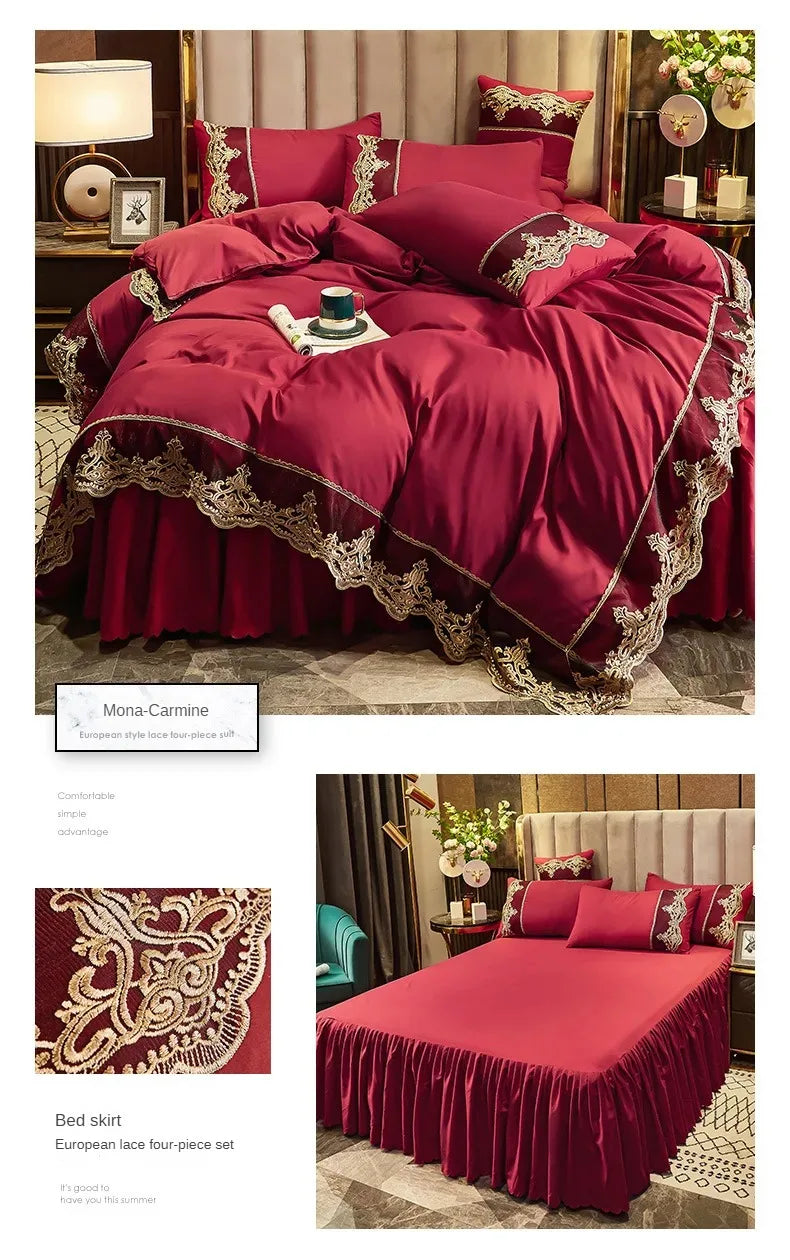 Falda de cama con borde de encaje, juego de cuatro piezas mate, 1,5 m y 1,8 m, versión engrosada de estilo europeo