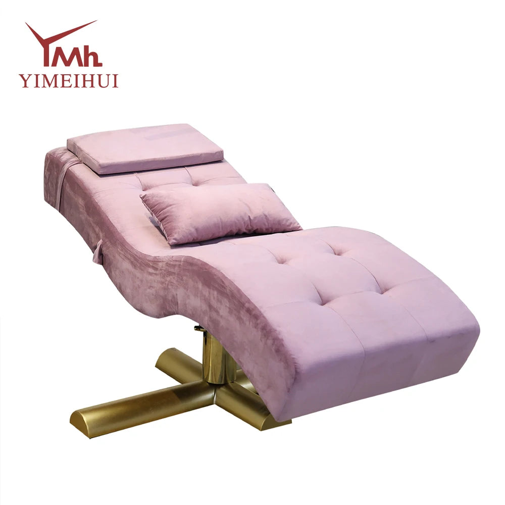 Cama eléctrica para salón de belleza, silla facial con elevación ajustable de terciopelo, de cuero sintético rosa y pestañas postizas.