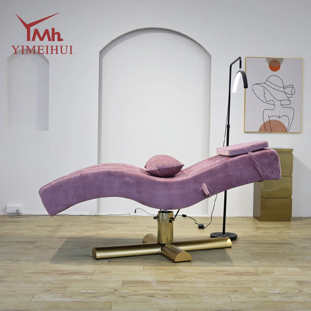Cama eléctrica para salón de belleza, silla facial con elevación ajustable de terciopelo, de cuero sintético rosa y pestañas postizas.