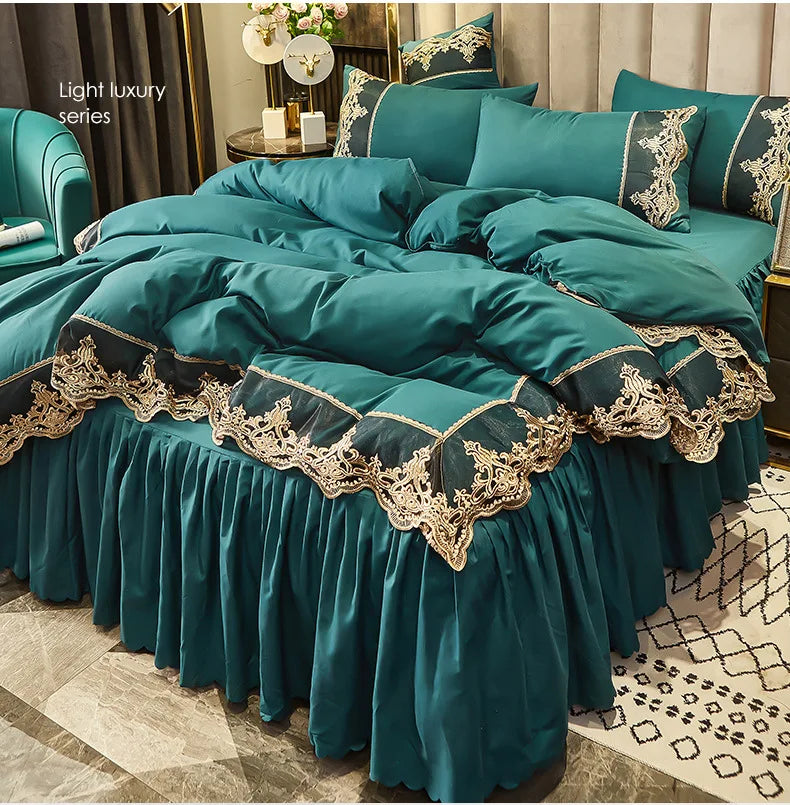 Falda de cama con borde de encaje, juego de cuatro piezas mate, 1,5 m y 1,8 m, versión engrosada de estilo europeo